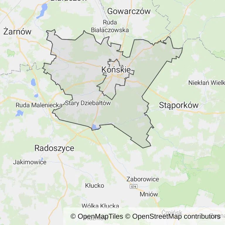Mapa z zaznaczonym Końskich
