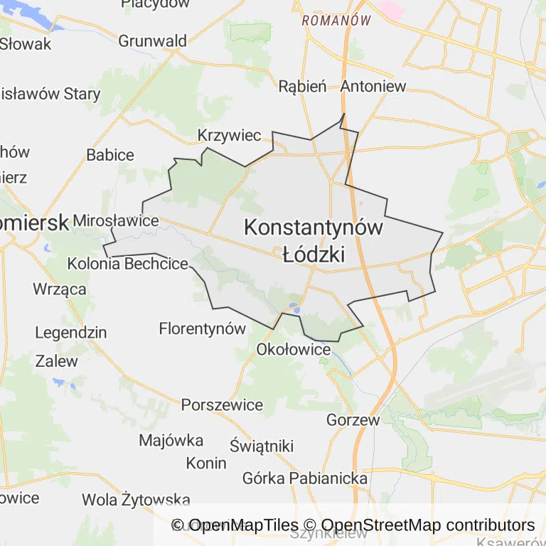 Mapa z zaznaczonym Konstantynowie Łódzkim