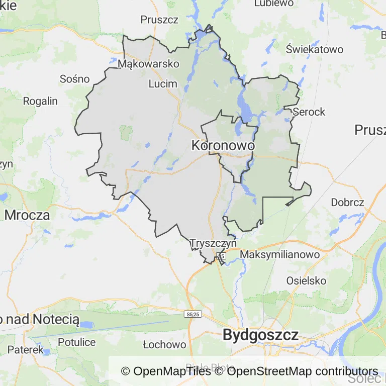 Mapa z zaznaczonym Koronowem