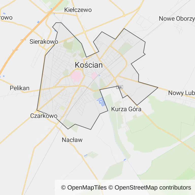 Mapa z zaznaczonym Kościanem