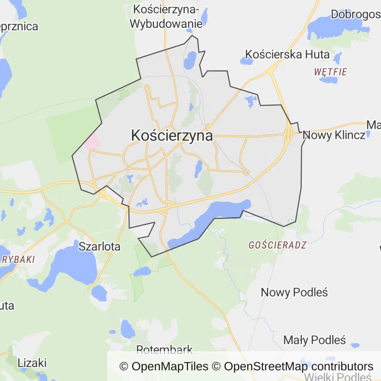 Mapa z zaznaczoną Kościerzynem