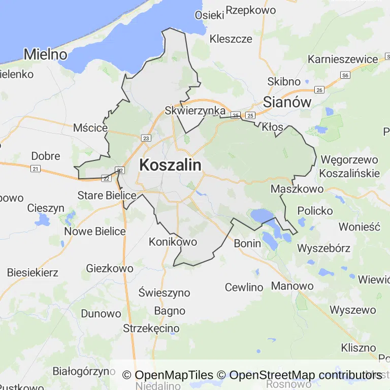 Mapa z zaznaczonym Koszalinem
