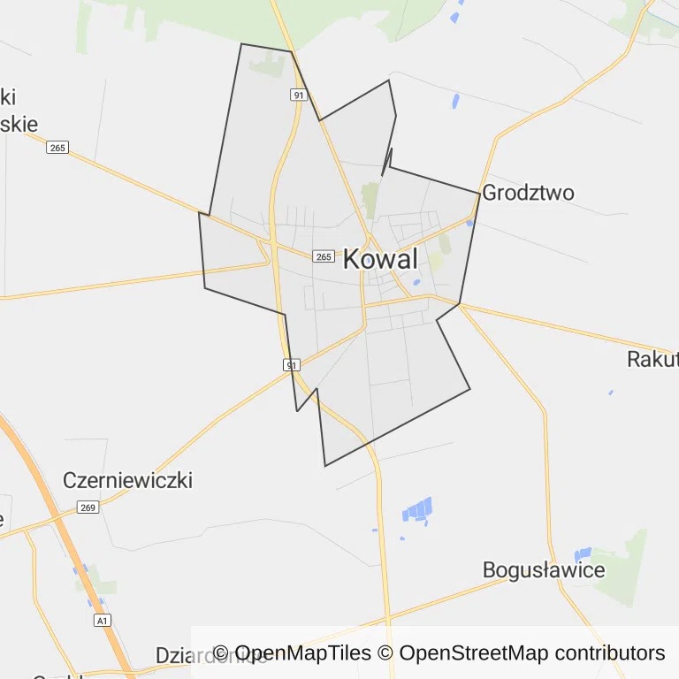 Mapa z zaznaczonym Kowalu