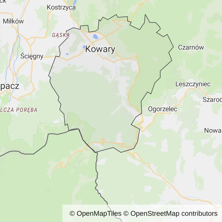 Mapa z zaznaczonym Kowarami
