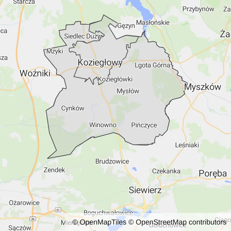 Mapa z zaznaczonym Koziegłowami