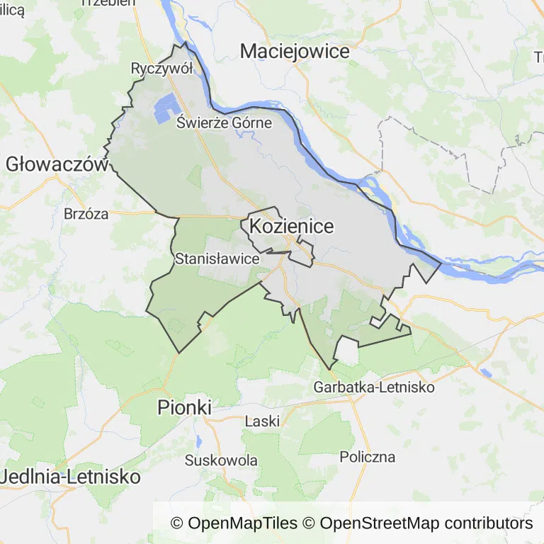 Mapa z zaznaczonymi Kozienicami