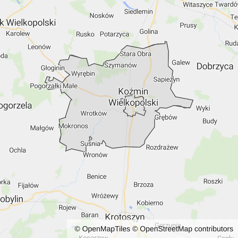 Mapa z zaznaczonym Koźminie Wielkopolskim