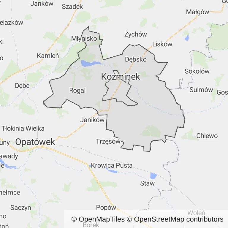 Mapa z zaznaczonym Koźminkiem
