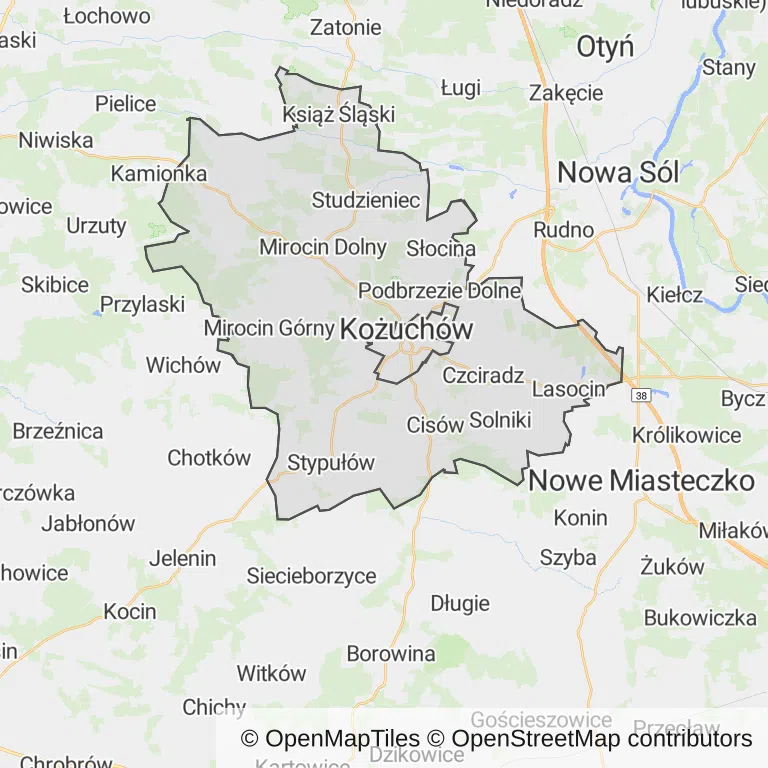 Mapa z zaznaczonym Kożuchowem