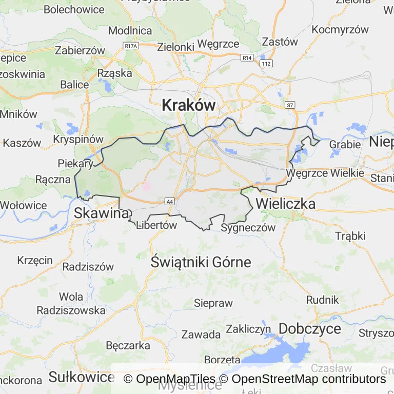 Mapa z zaznaczonym Podgórzem w Krakowie