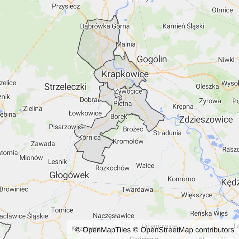 Mapa z zaznaczonymi Krapkowicami