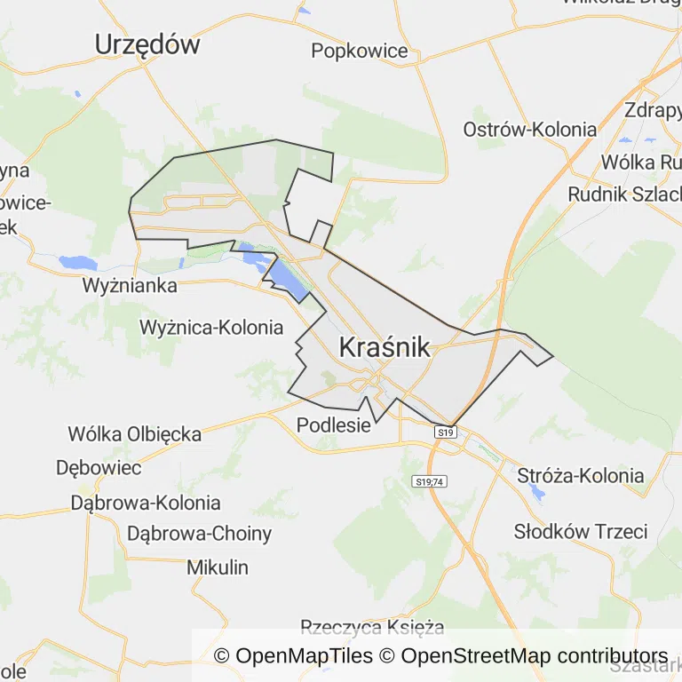 Mapa z zaznaczonym Kraśnikiem