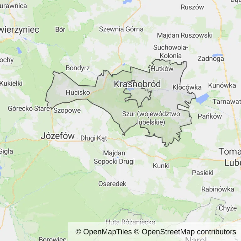 Mapa z zaznaczonym Krasnobrodzem
