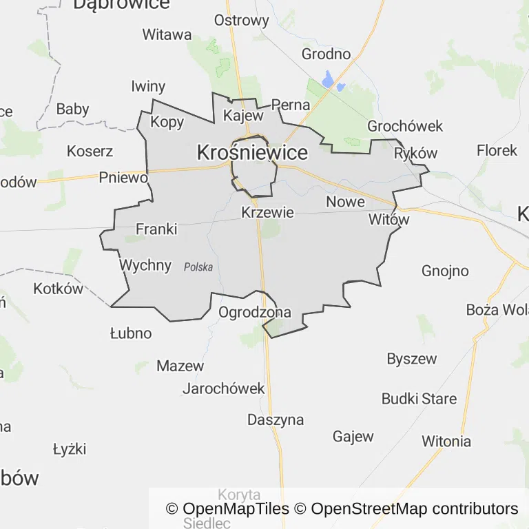 Mapa z zaznaczonymi Krośniewicami