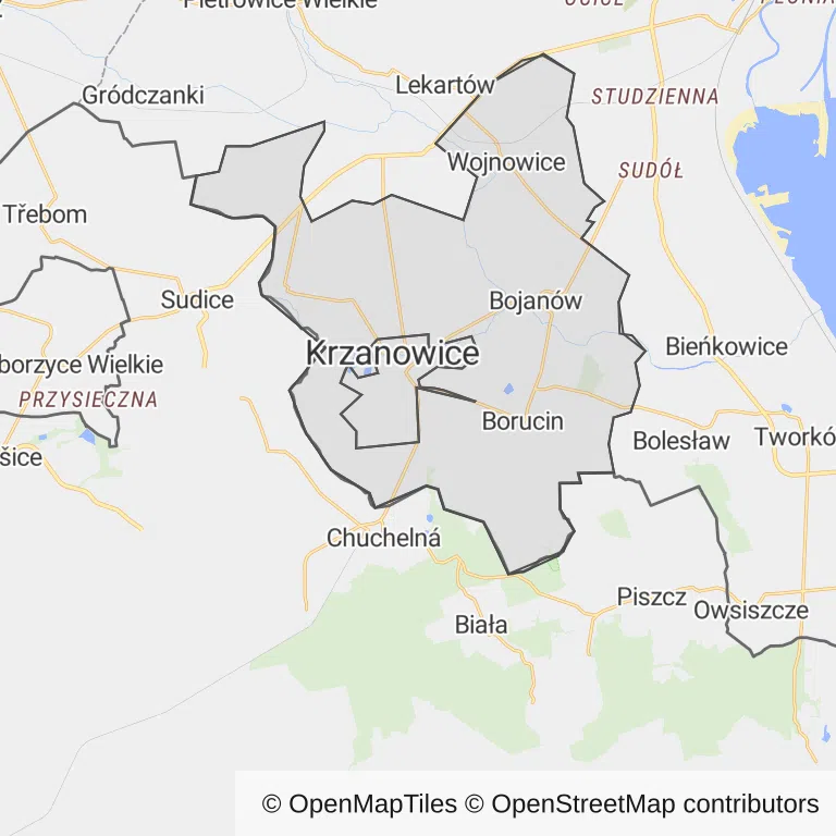 Mapa z zaznaczonymi Krzanowicami