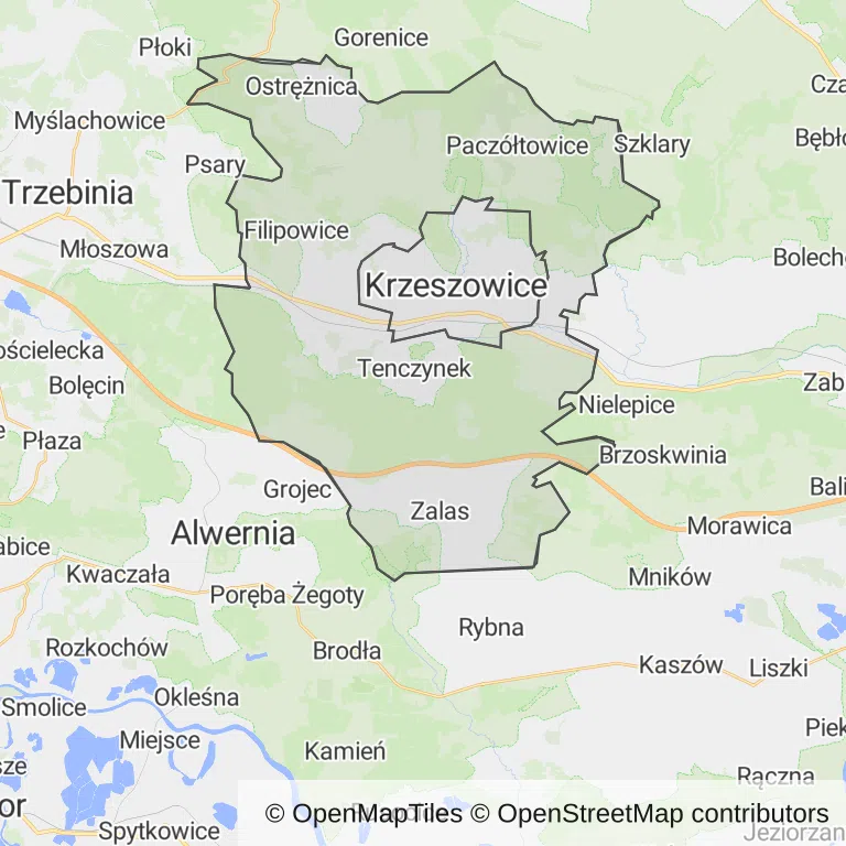 Mapa z zaznaczonymi Krzeszowicami