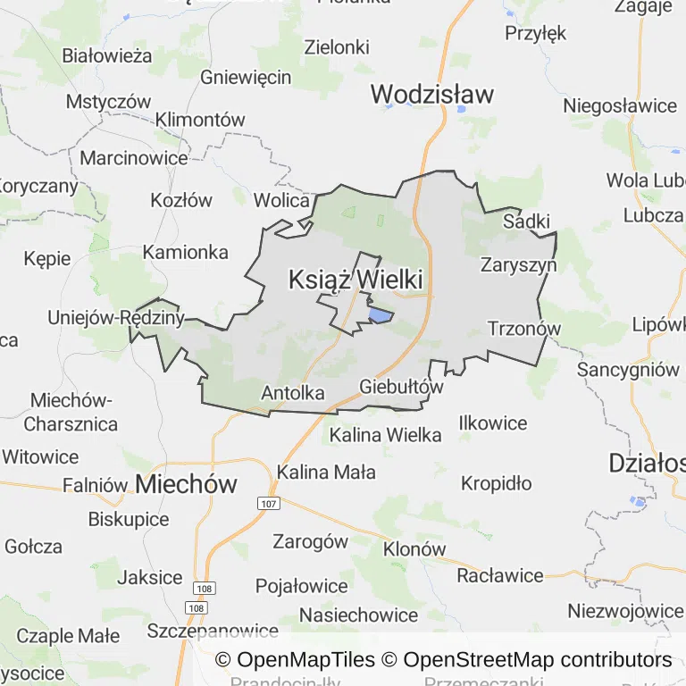 Mapa z zaznaczonym Książu Wielkim