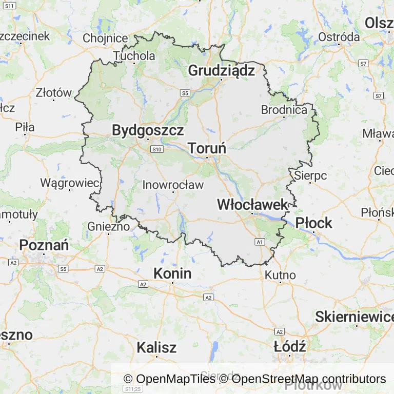 Mapa z zaznaczonym województwem kujawsko-pomorskim