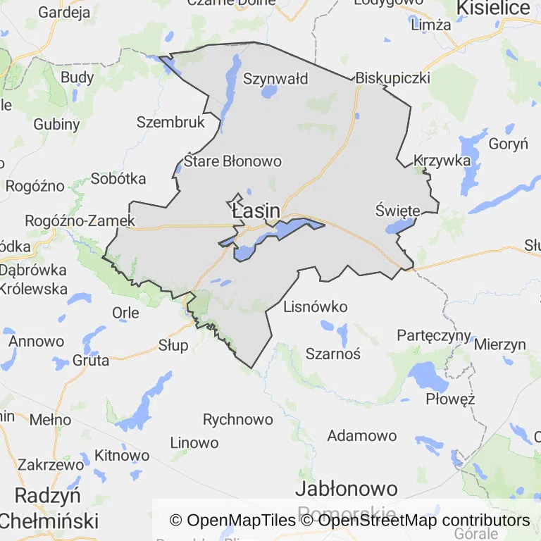 Mapa z zaznaczonym Łasinem