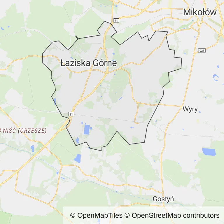 Mapa z zaznaczonym Łaziskach Górnych