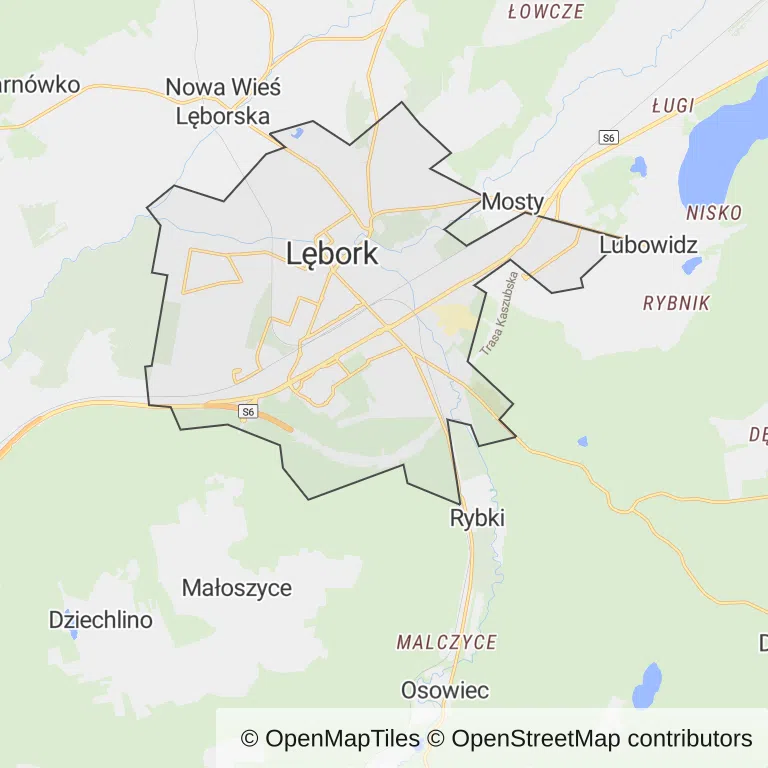 Mapa z zaznaczonym Lęborkiem