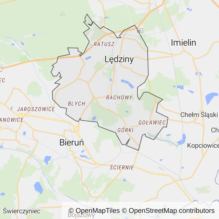 Mapa z zaznaczonym Lędzinami