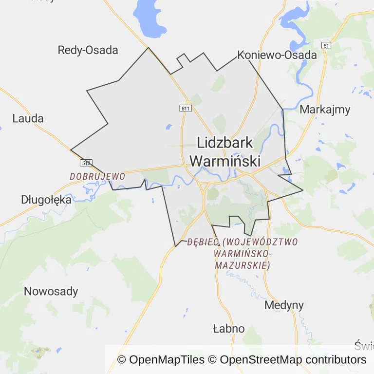 Mapa z zaznaczonym Lidzbarku Warmińskim