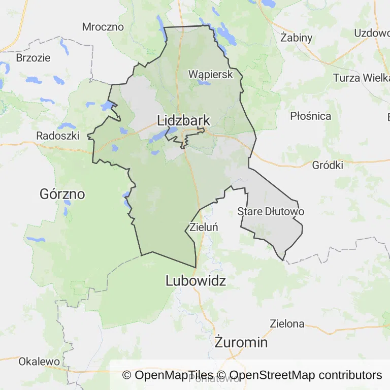 Mapa z zaznaczonym Lidzbarkiem