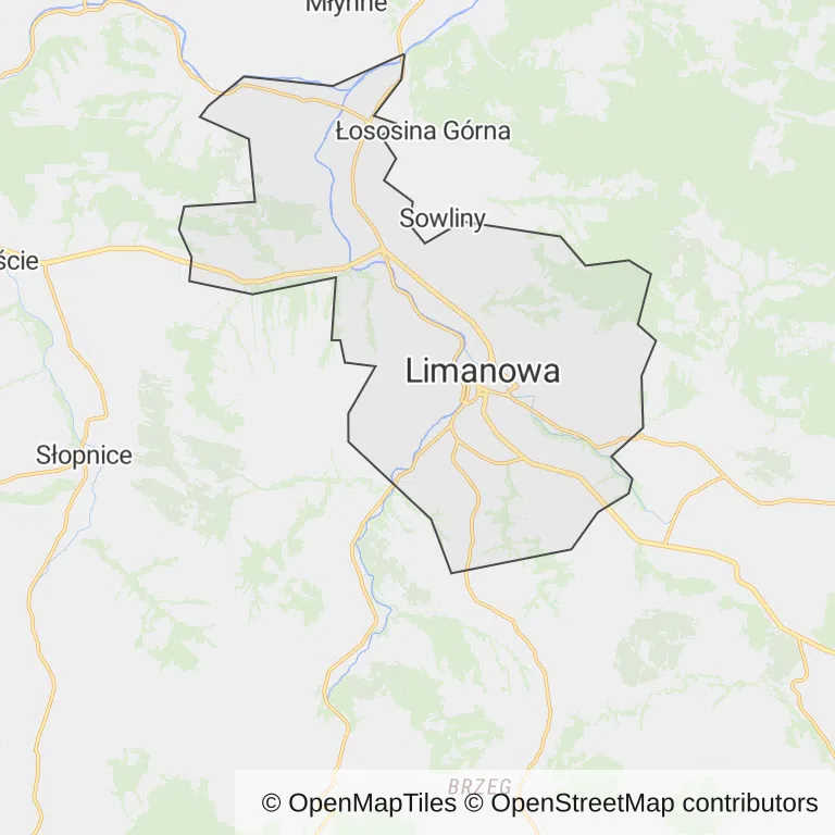 Mapa z zaznaczoną Limanowej