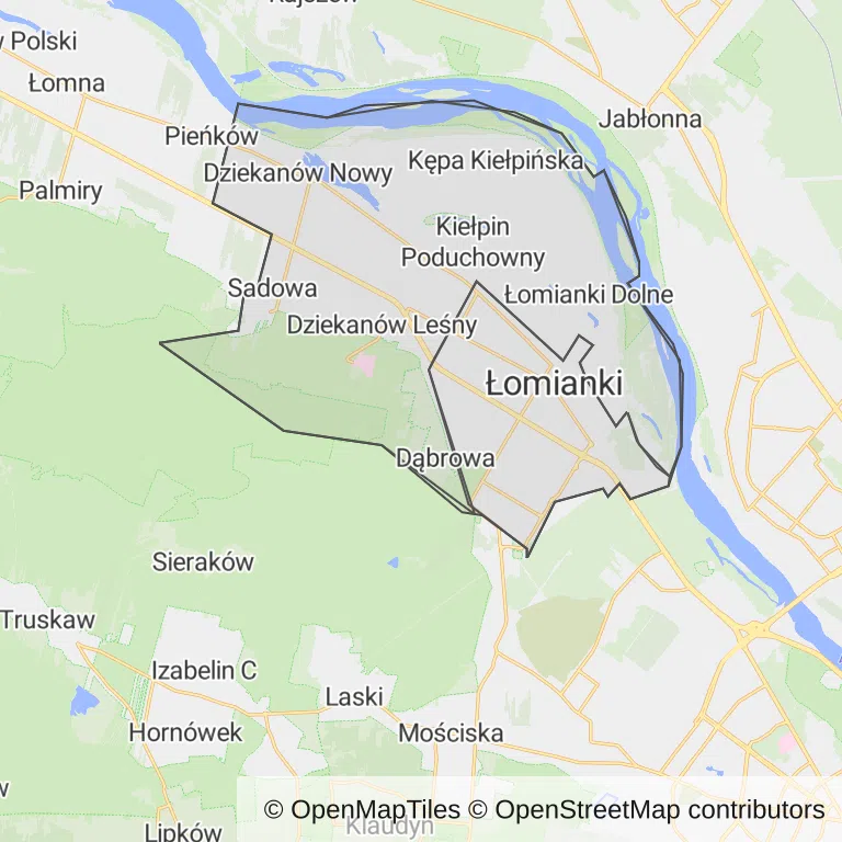 Mapa z zaznaczonym Łomiankami