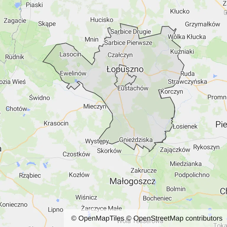 Mapa z zaznaczonym Łopusznem