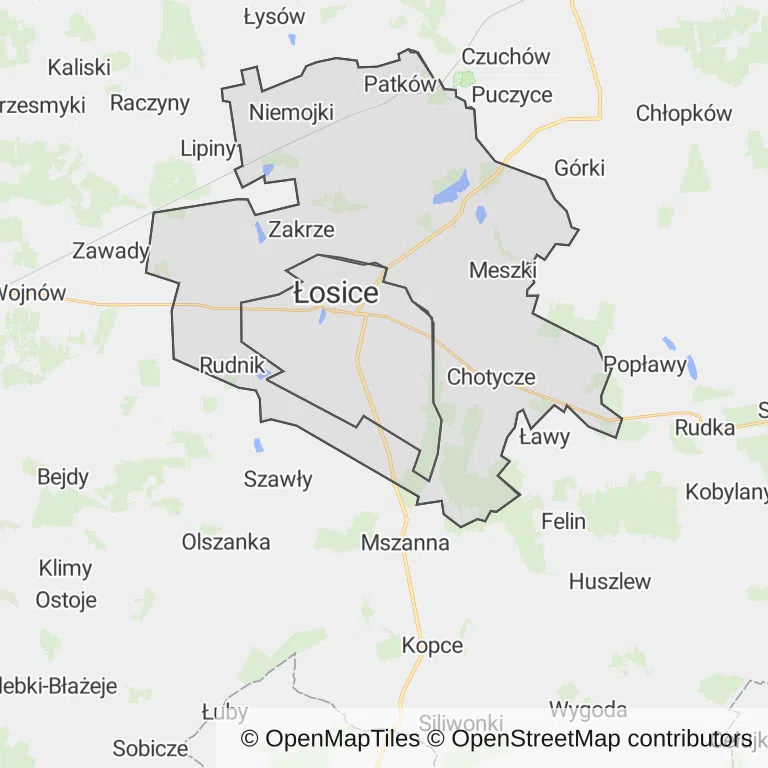 Mapa z zaznaczonymi Łosicami
