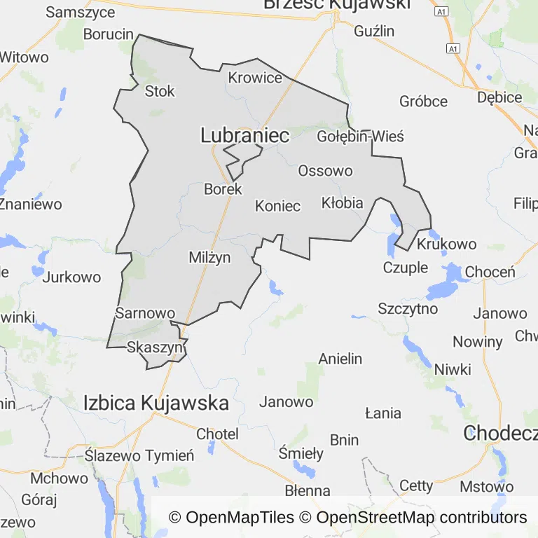 Mapa z zaznaczonym Lubrańcu