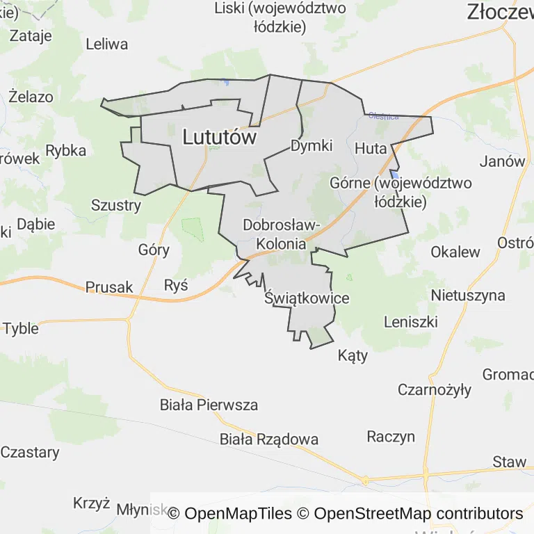 Mapa z zaznaczonym Lututowem