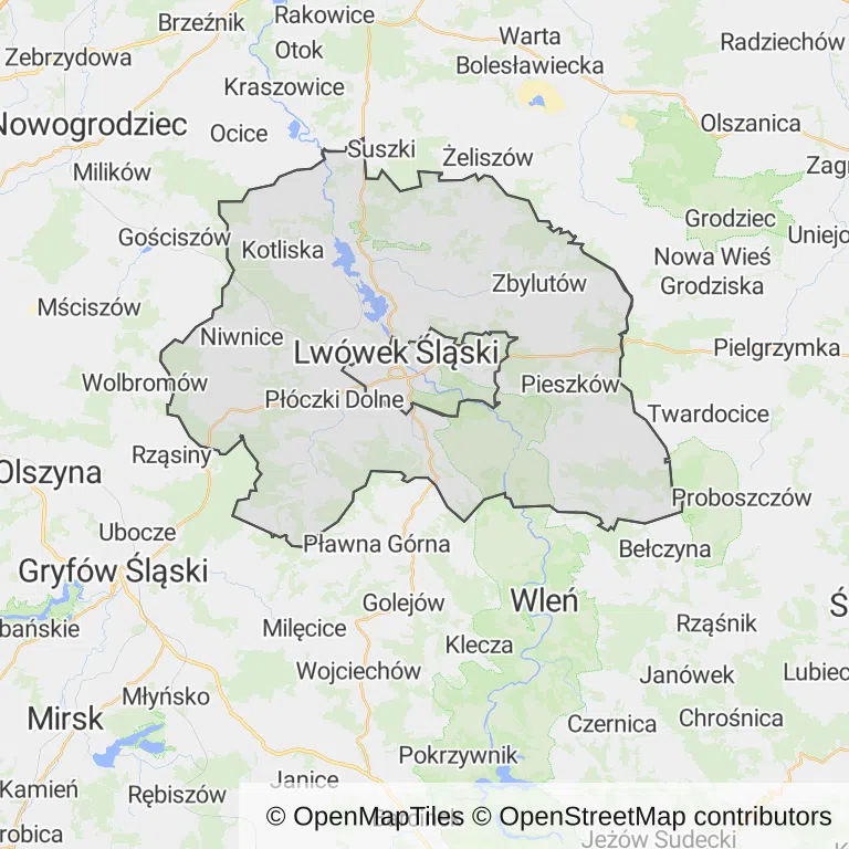 Mapa z zaznaczonym Lwówku Śląskim