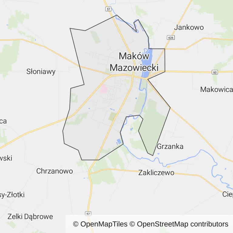 Mapa z zaznaczonym Makowie Mazowieckim