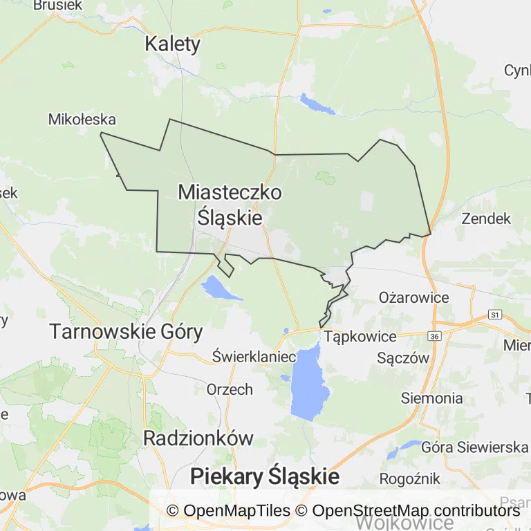 Mapa z zaznaczonym Miasteczku Śląskim
