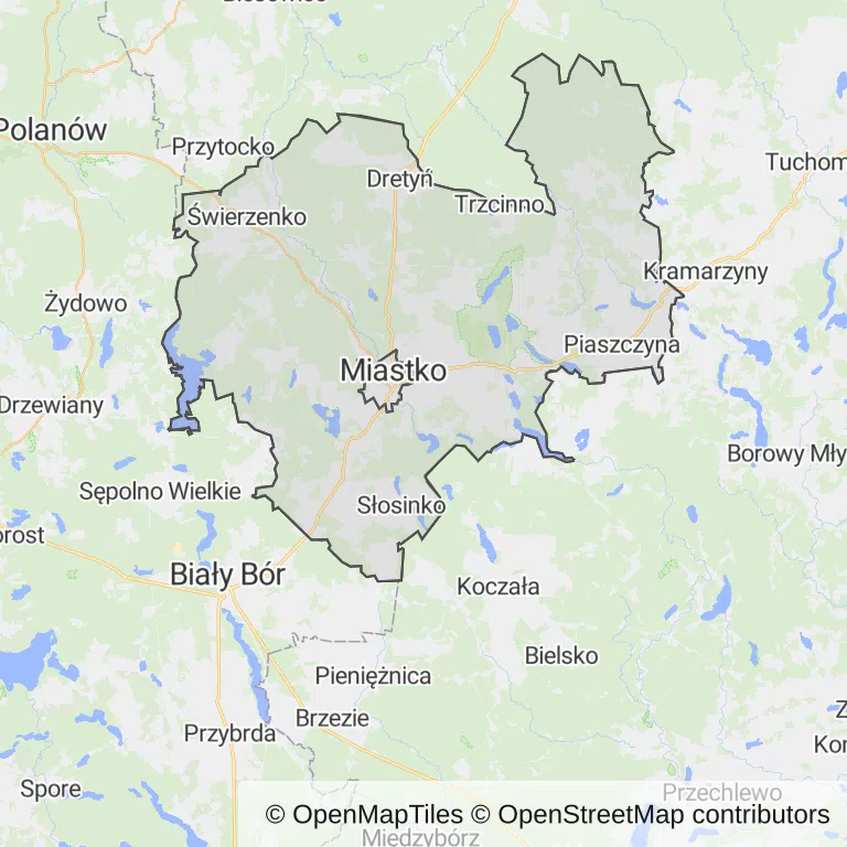 Mapa z zaznaczonym Miastkiem