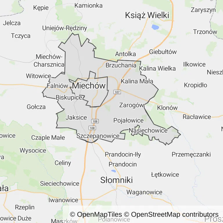 Mapa z zaznaczonym Miechowem