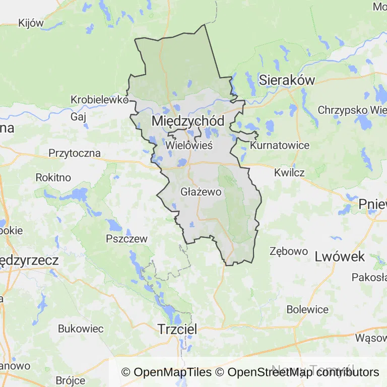 Mapa z zaznaczonym Międzychodzem