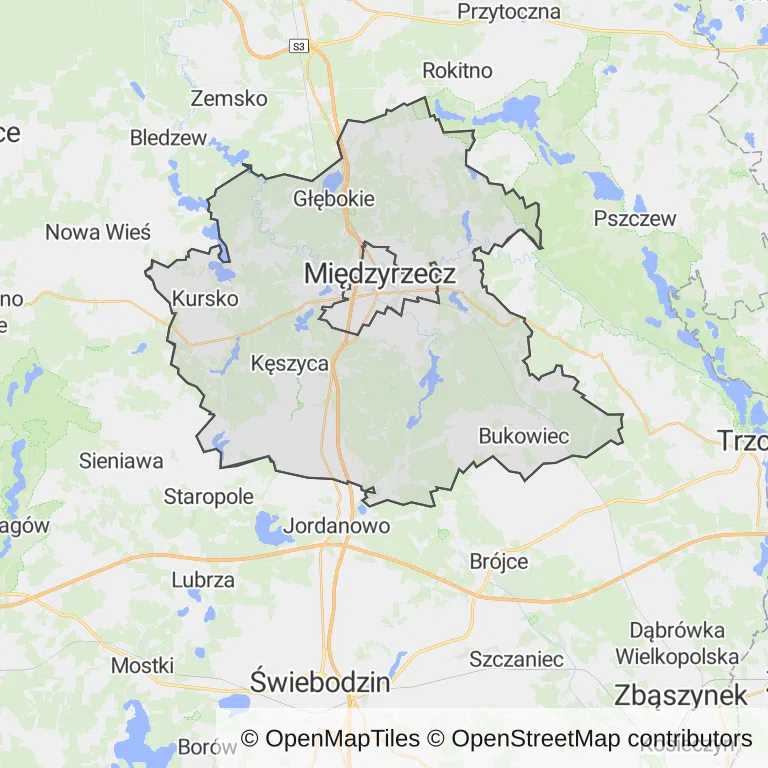 Mapa z zaznaczonym Międzyrzeczem