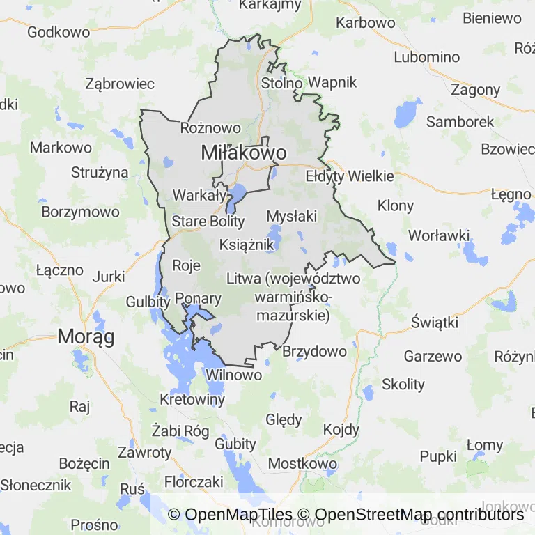 Mapa z zaznaczonym Miłakowem