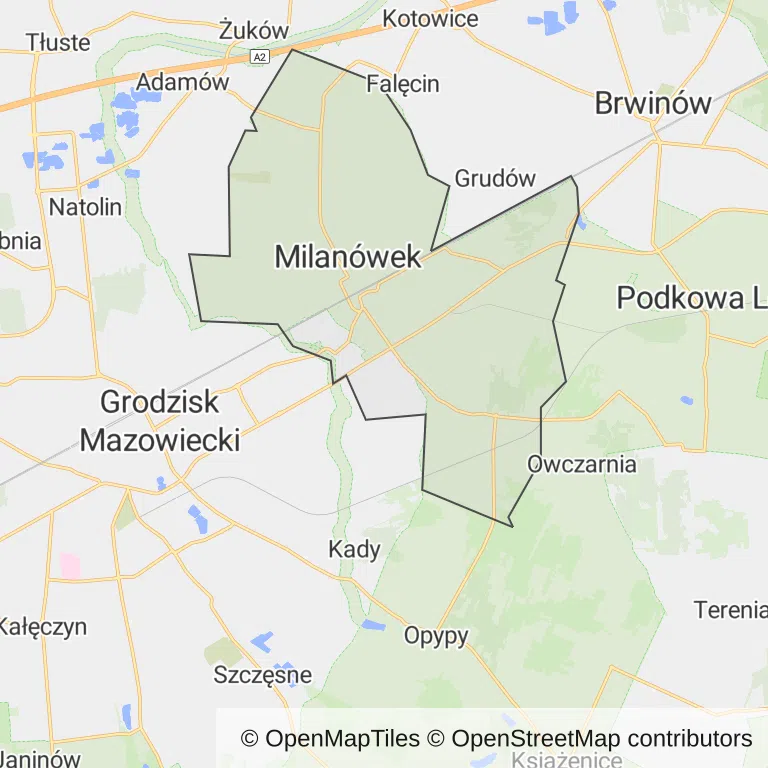 Mapa z zaznaczonym Milanówkiem