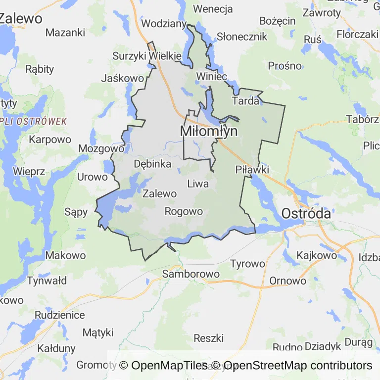 Mapa z zaznaczonym Miłomłynem
