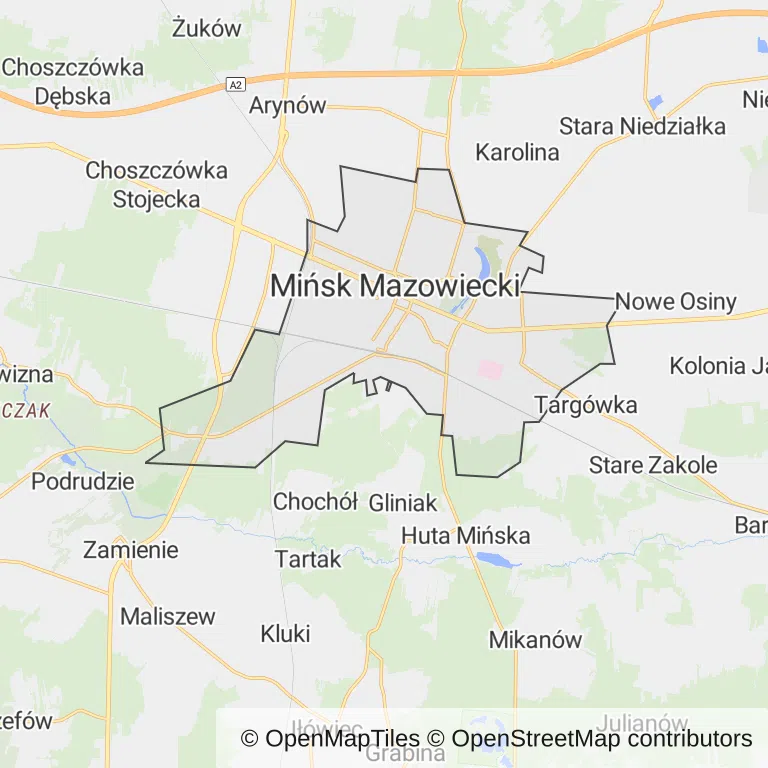 Mapa z zaznaczonym Mińsku Mazowieckim