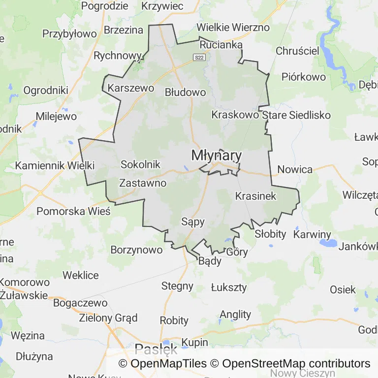 Mapa z zaznaczonym Młynarami