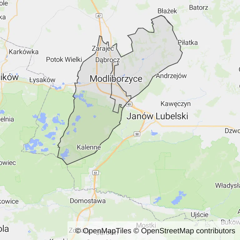 Mapa z zaznaczonymi Modliborzycami