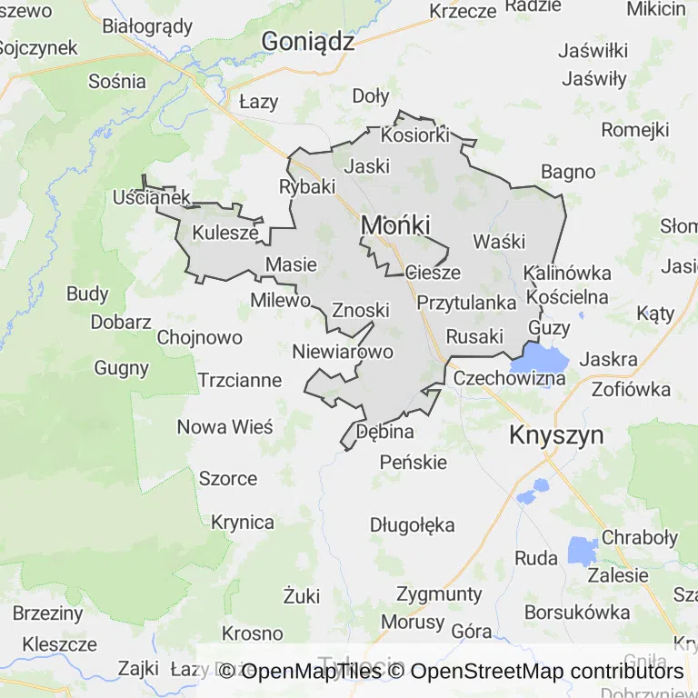 Mapa z zaznaczonym Mońkami