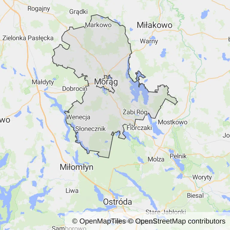 Mapa z zaznaczonym Morągiem