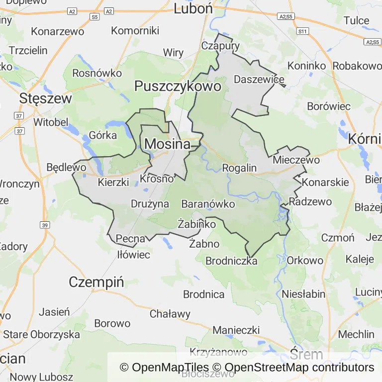 Mapa z zaznaczoną Mosinem